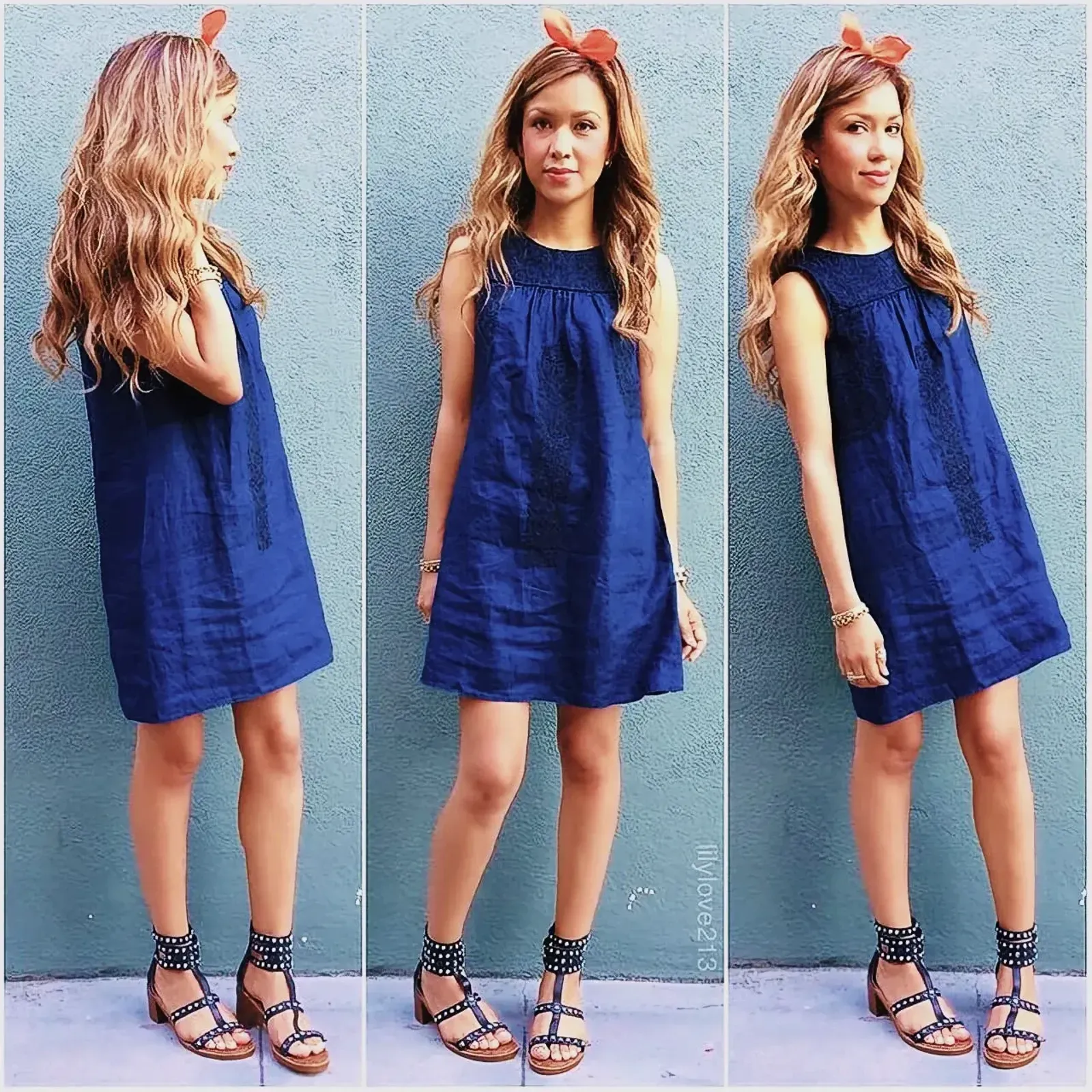 Collage of a woman in a blue day dress and matching sandals