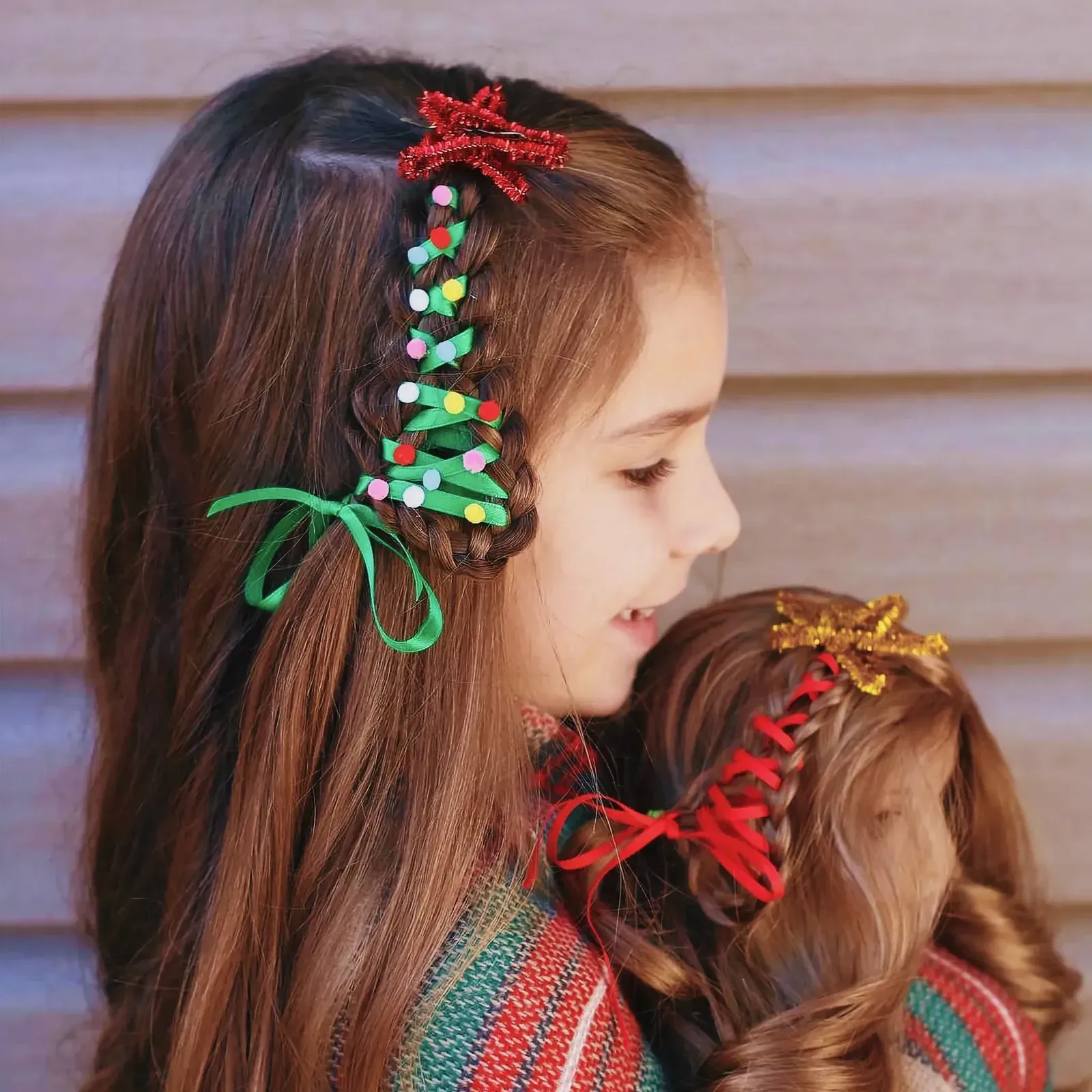 Young girl with festive Christmas braided hair