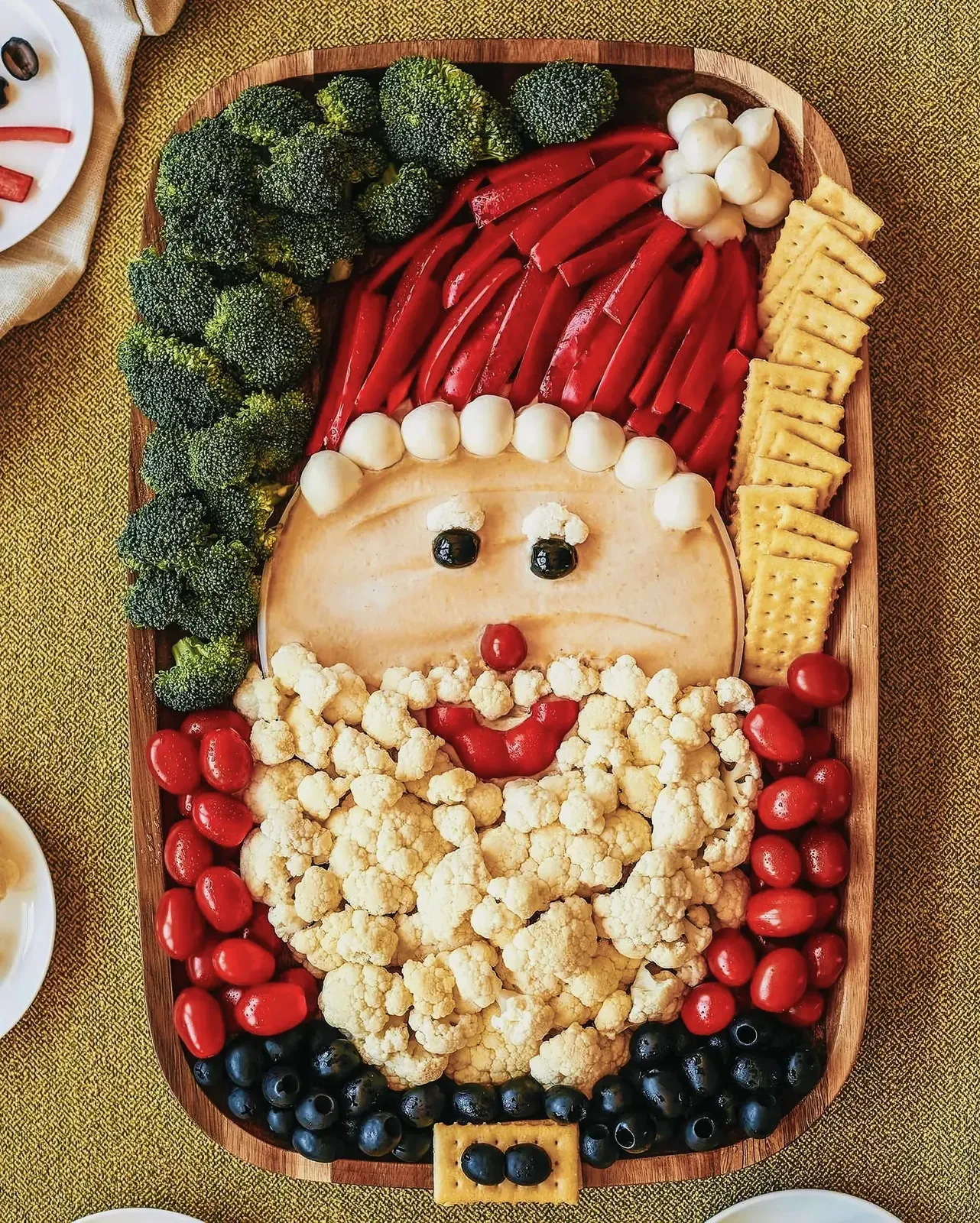 Creative presentation of a variety of nutritious foods arranged on a tray to form a whimsical face