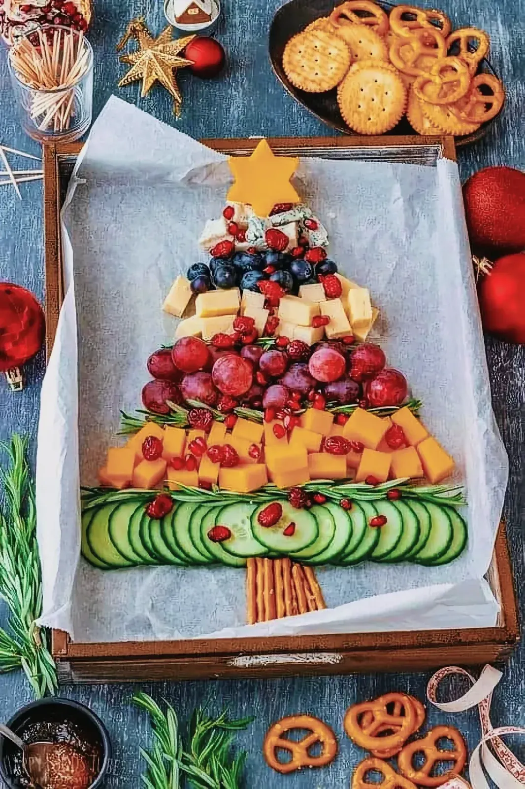 Christmas Tree Cheese Board with a variety of fruits and vegetables shaped into a festive Christmas tree.