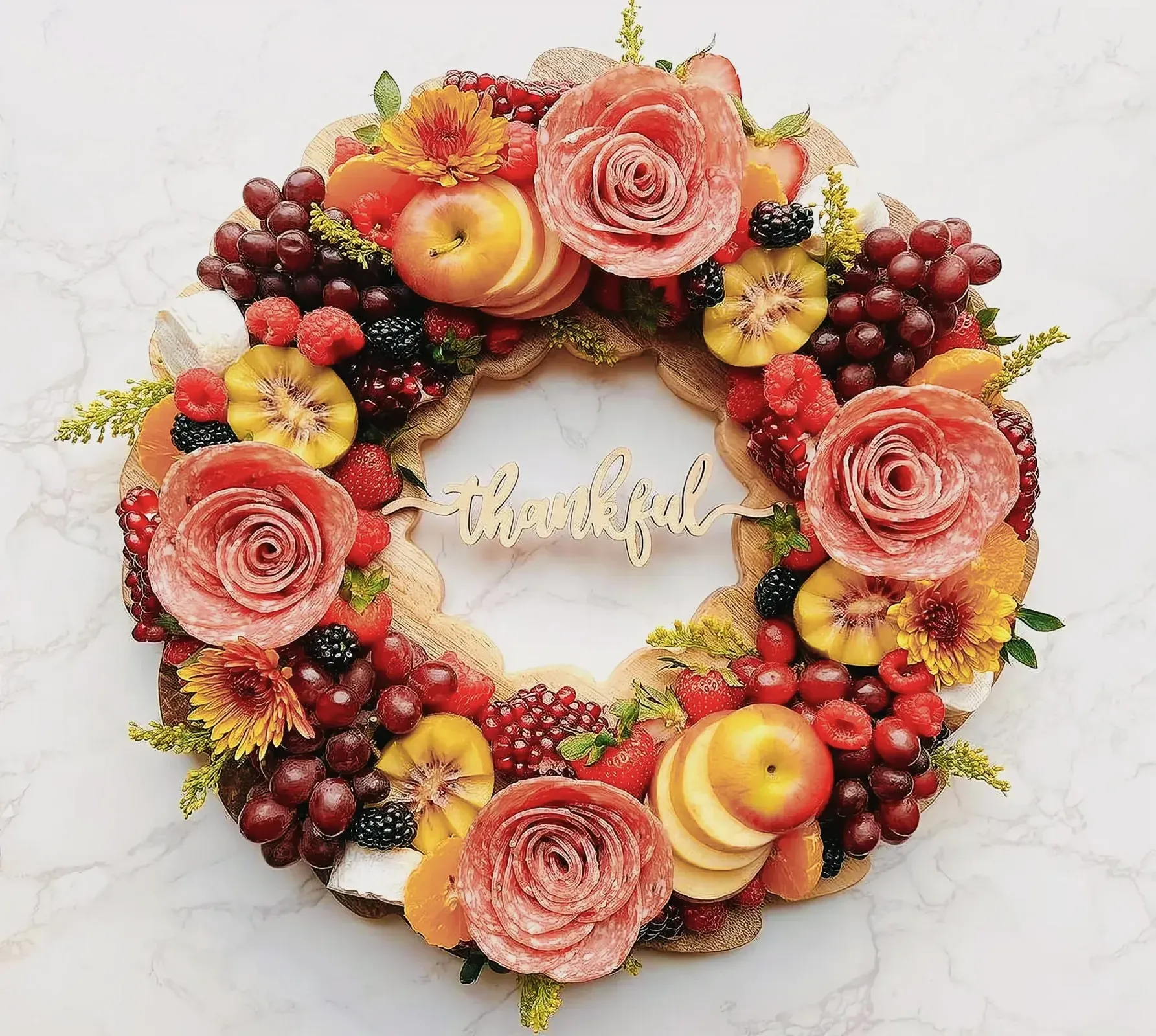 A beautifully crafted wreath with fruits and flowers