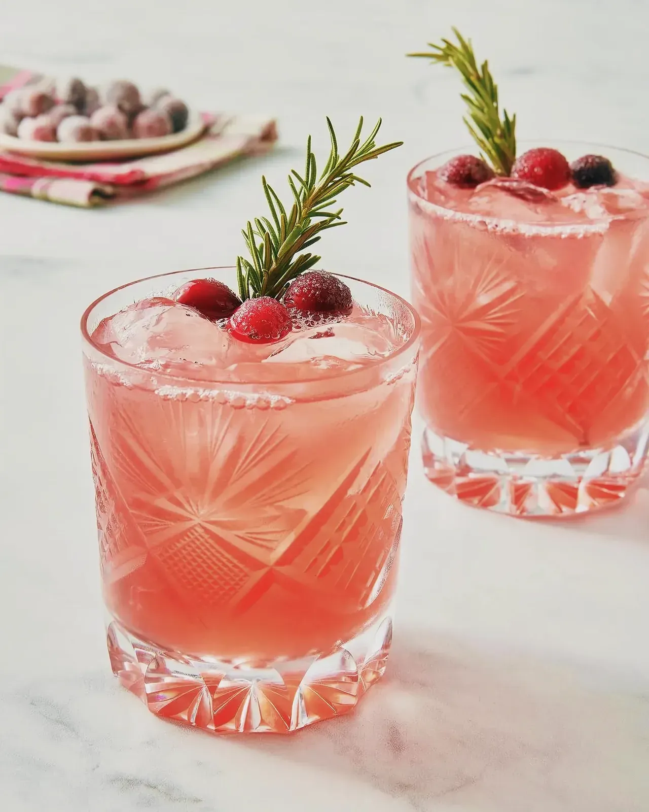 Two elegant glasses filled with a delightful pink-colored cocktail garnished with cranberries and rosemary.