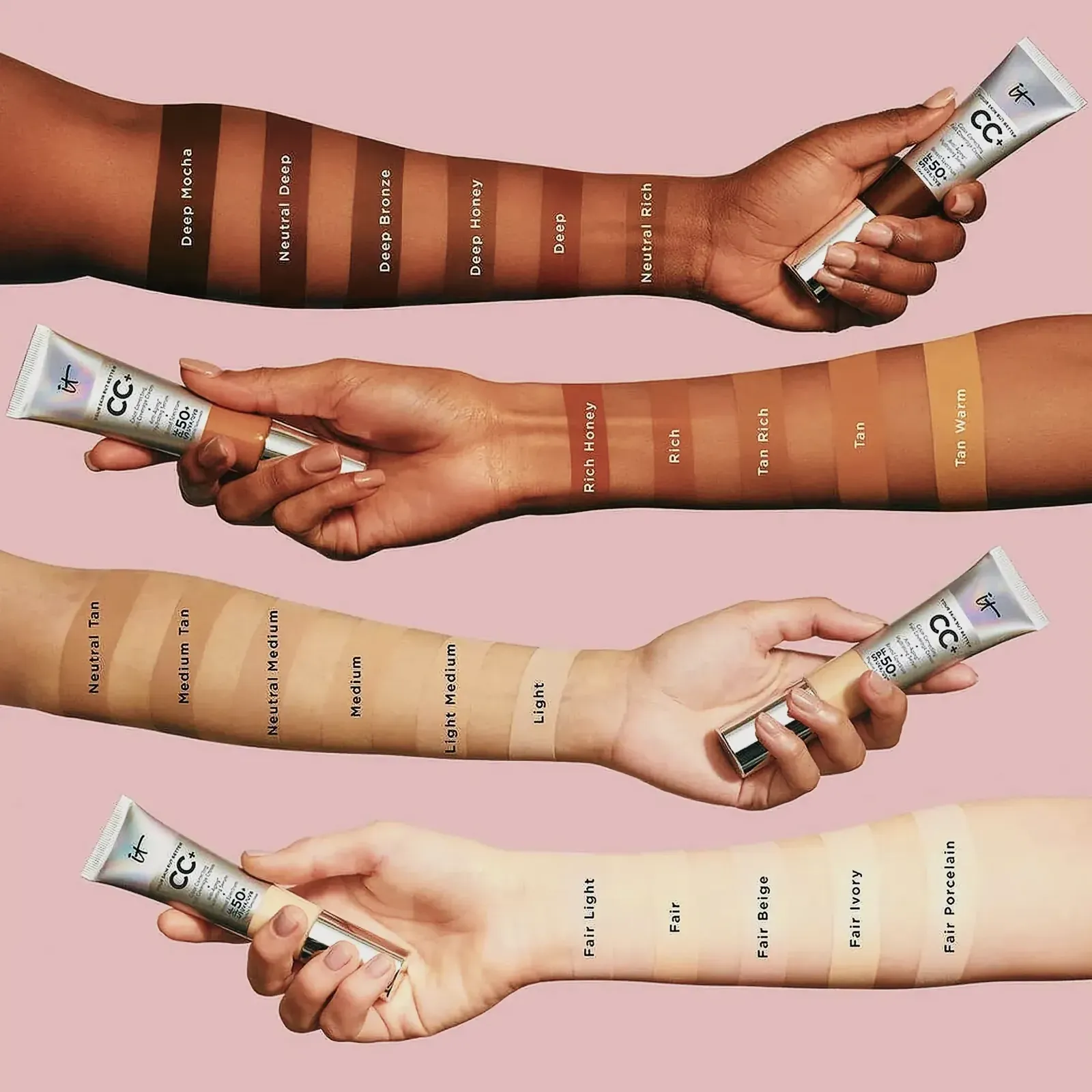 Collection of hands of different skin tones holding a tube of foundation