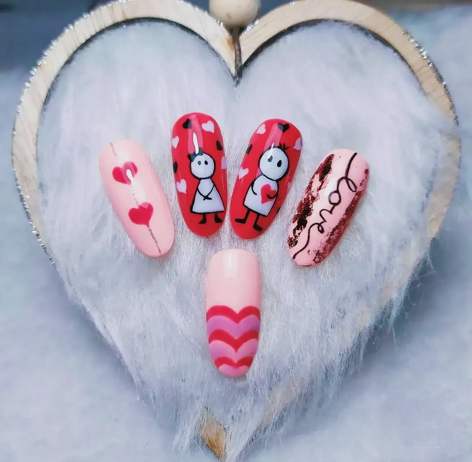 Valentine's Day decorations with painted heart-shaped nails