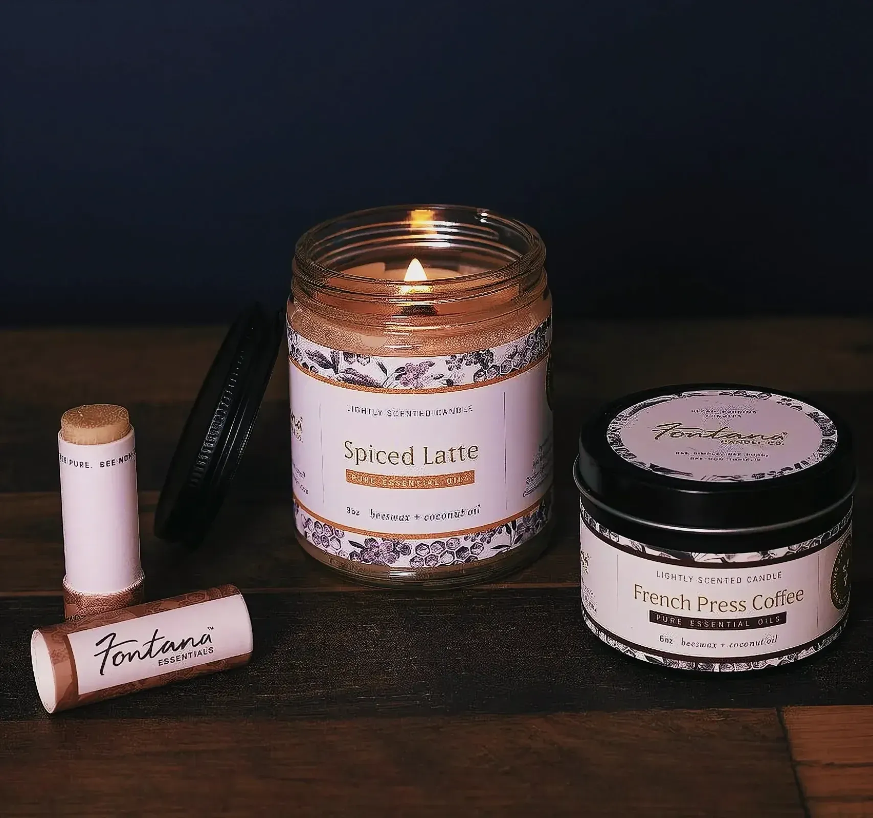 Cozy display of non-toxic candles and skincare products