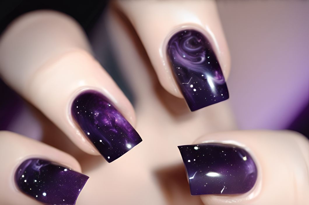Dark purple, space-themed nails