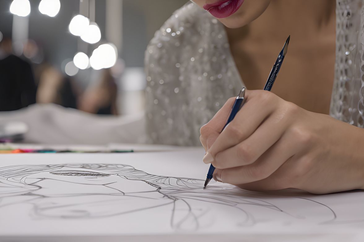 Fashion designer sketching prom dress designs