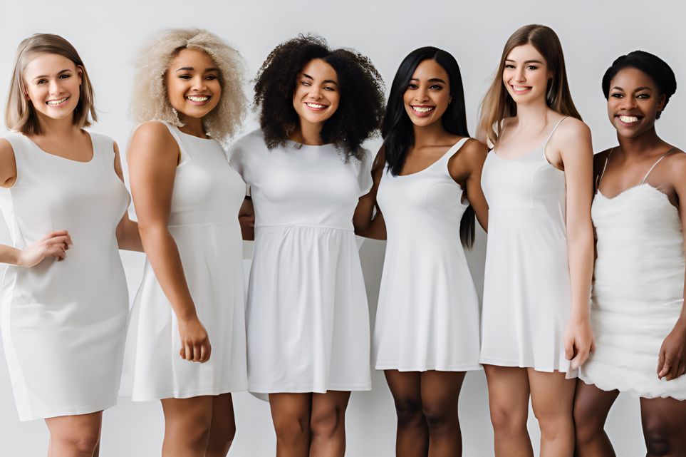 diverse group of women trying on white graduation dresses - diversity