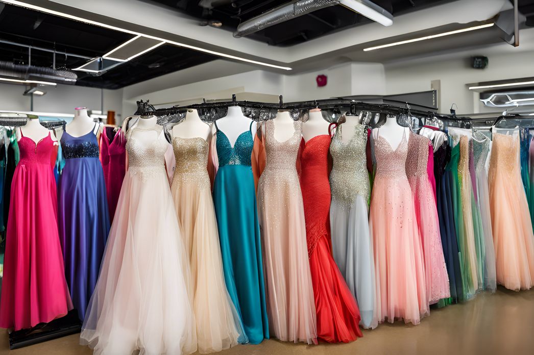 Variety of prom dresses in a boutique